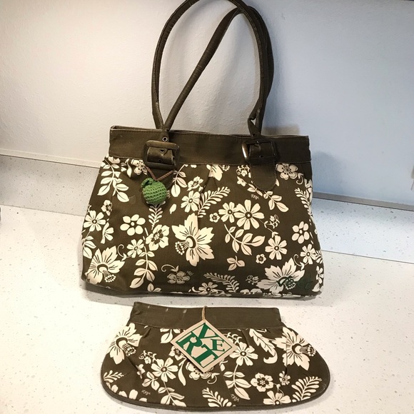 🔴 4/$15 2pc Vert Brand Cotton Floral Print Brown & White Purse & Clutch Bag Set - Picture 1 of 16